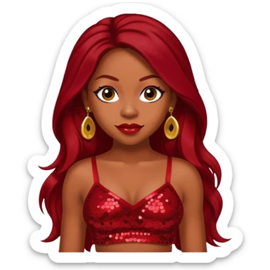LaTavia Robeson with dark red long hair, red sequin crop top, red earring sticker