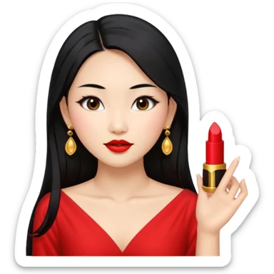 30 yr old asian woman, middle parted straight long black hair, very pretty, fancy dress, earings, red lipstick sticker