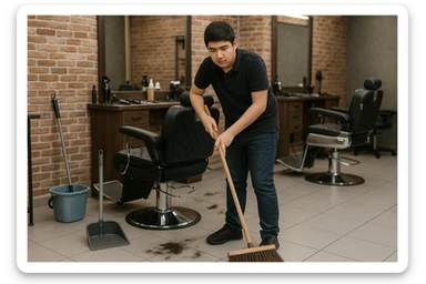 sartaroshxonani tozalayotgan o'smirin bola juda  yosh ham emas katta ham supir sudir qilaytgani narsalarni tozalayotgani  
 sticker