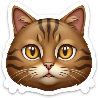 Cinematic Grumpy Brown Tabby Cat Portrait Emoji, Head tilted slightly with a deeply unimpressed expression, thick brown fur with dark, pronounced tabby stripes and a furrowed brow, large eyes narrowed into an unamused glare, whiskers slightly drooping in exasperation, Simplified yet comically expressive features, highly detailed, glowing with a dry, sarcastic glow, high shine, effortlessly judgmental yet dignified, stylized with a touch of cynicism, bright but brooding, soft glowing outline, capturing the essence of an eternally unimpressed yet endearing feline, so lifelike it feels like it could sigh heavily at you in disdain at any moment! sticker