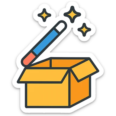 a simple and bright icon of a box with a magic wand on top, suitable for an icon sticker