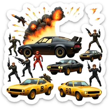Photorealistic Icon for Action Movies: Dynamic collage of iconic action movie scenes featuring explosions, fast cars, combat, and weapons. Include silhouettes of famous action heroes, dramatic lighting, and a sense of high-octane energy. Transparent background. sticker