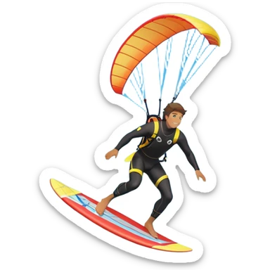 An athlete in a wetsuit, gliding above the waves on a kiteboard, holding onto a paraglider in the sky. The backdrop features a vibrant blue sky and rolling ocean waves, capturing the thrill and skill of the sport with a sense of freedom and adventure. sticker