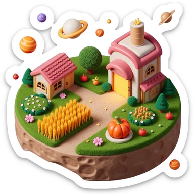 Exterior view of a galactic farm surrounded by stars and nebulae, surreal buildings shaped like cookie factories floating in space, wheat and vegetables growing from glowing soil, cosmic background with planets and stardust, emoji-style sticker