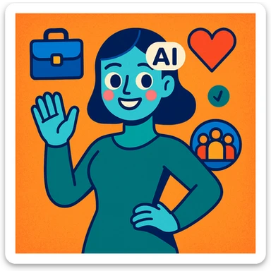 lächelnde humanoide KI-Frau mit HR-Symbolen wie Aktenmappe, Herz, Team, die Zuversicht und Unterstützung ausstrahlt, farbenfroher cartoonhafter Stil für KI Mutmacherin HR sticker