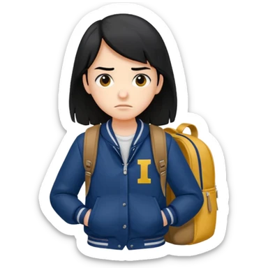 college student with annoyed face , black hair , with navy varsity jacket( initial I)  and  and backpack , girl, long hair,  sticker