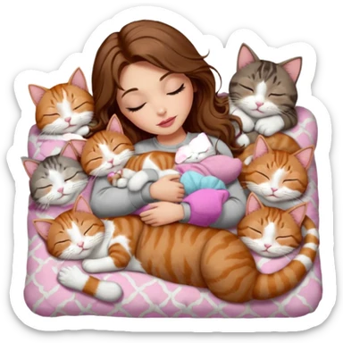 girl with long wavy brown hair, brown eyes, long lashes makeup, sexy pink lips, light to medium complexion,  sleeping on a cozy pillow, with 6 cats: 1 brown and white tabby cat, 1 ginger and white, 2 grey and white, 1 grey with white mittens and small white patch on chest and 1 calico, sleeping sticker