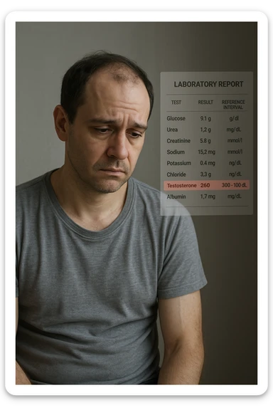 Un uomo caucasico di 35-45 anni, in CGI fotorealistico, che mostra i segni fisici ed emotivi di un basso livello di testosterone. aggiungere un referto medico semi-trasparente fluttuante accanto a lui, con valori di testosterone evidenziati in rosso. sticker