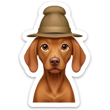 Vizsla with a hat sticker