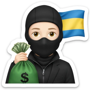 create an incredibly realistic white thief in a black suit and balaclava with a bag of money and a Ukrainian flag on it sticker