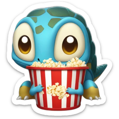 Blue cartoon Pokemon turtle with brown shell eating popcorn in a red and white bucket sticker