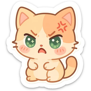 kawaii chibi-style cat emoji with pastel orange and brown cream fur, anime-style angry expression, sparkly green eyes, blushing cheeks, pastel color palette, soft rounded design, vector art sticker