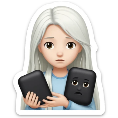 A girl with long white hair is sad and holds a black in her hands sticker