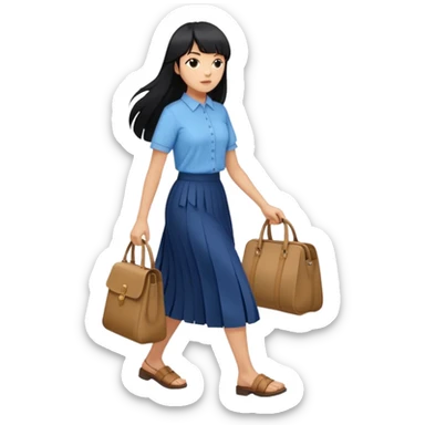 hair : black long hair with fringe 
skin : light 
cloth : oversize light blue shirt + navy long long skirt 
motion : walking without bag  sticker