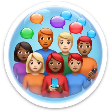 A group of people inside a separate colorful transparent bubble (blue, red, green, orange). They are each holding a smartphone or laptop. the bubbles are slightly overlapping, creating a modern and minimalist look. Realistic emoji style. sticker