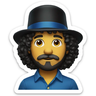 Type man with shoulder length, dark curly hair with mustache wearing short sleeve, yellow and blue polo with long tall, big black top hat sticker