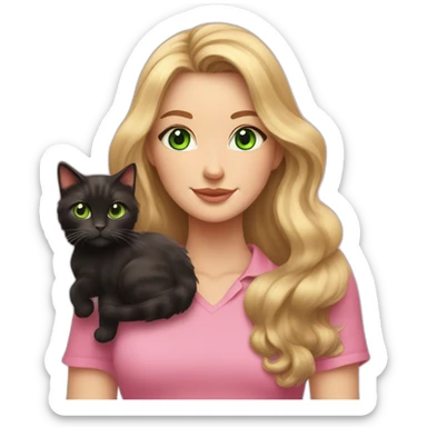woman with green eyes and long wavy blonde hair in a pink shirt is holding a very fluffy and fat black and tortoiseshell cat sticker