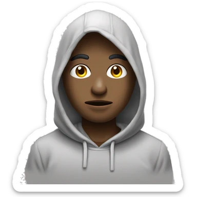 Un emoji avec un sweat à capuche gris, des yeux grands et inquiets, et une bouche tombante, exprimant tristesse ou regret. sticker