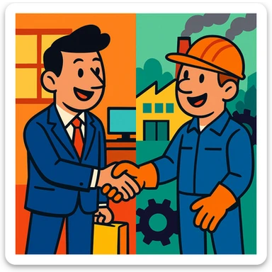 office worker shaking hands with factory worker, cartoon style, bright colors, positive atmosphere sticker