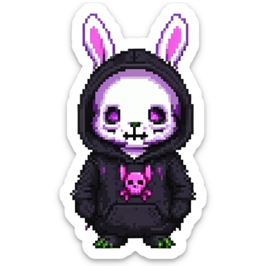Kuromi character, purple bunny with a black hood and pink skull sticker