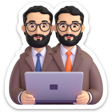 man with medium black beard, black hair, connected unibrow, olive tan skin, brown eyes, glasses, prominent long nose, wearing casual business attire, holding a laptop sticker