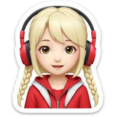 Cute kawaii emoji-style Japanese K-pop singer girl, long platinum blonde hair in twin tails, red outfit, headset mic on cheek, Japanese K-pop idol vibes, big sparkling eyes, chibi proportions, clean lineart, pastel colors, cheerful idol smile, sticker/emoji style, transparent background sticker