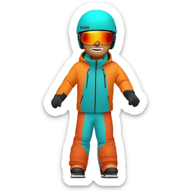 white Skier man wearing a ORANGE JACKET and wearing a RED HELMET and wearing TURQUOISE PANTS sticker