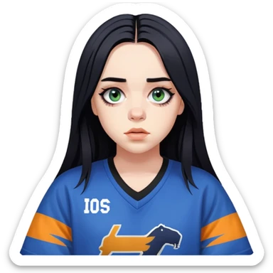 billie eilish long black hair dark eyeliner makeup, wearing jersey sticker