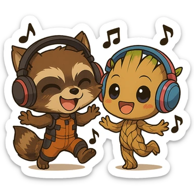 Create a chibi anime style illustration of Rocket Raccoon dancing next to Groot. Both characters should look joyful and cute. Rocket Raccoon should have an oversized head and be wearing headphones. Keep the background transparent. The style should reflect chibi anime aesthetics. sticker