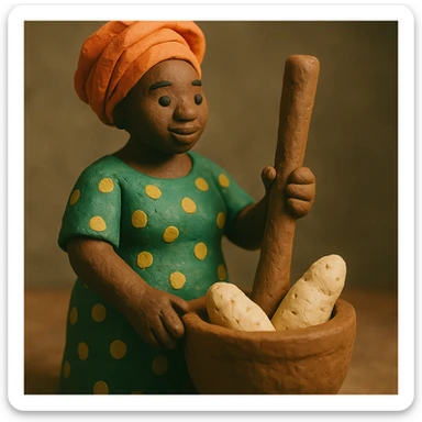 Nigerian woman in traditional dress holding pestle, standing beside mortar filled with yam, soft molded handmade feel, claymation style sticker