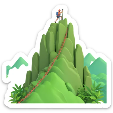climber reaching the summit of a jungle mountain, lush greenery all around sticker