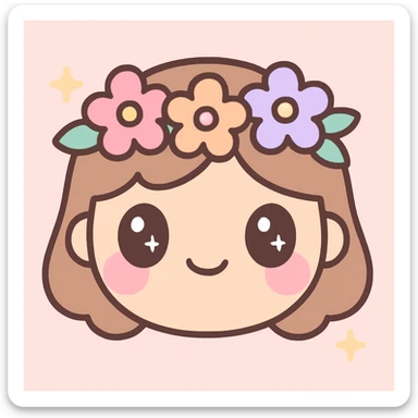 girly emote with a flower crown, soft blush, gentle smile, kawaii style sticker