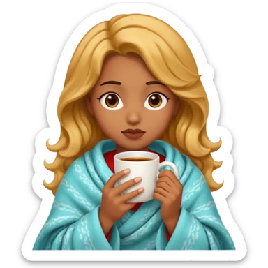 cute and sexy brown skin girl, golden wavy hair, sexy face expression, feeling sick, nose is red due to sickness, covered by blanket, holding tea mug in hands sticker