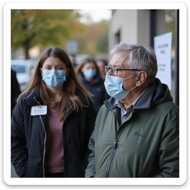 photo-realistic documentary style, young woman and elderly man talking quietly in line at a vaccination center, some masked, clear sign, suburban background, soft light, 4K resolution sticker