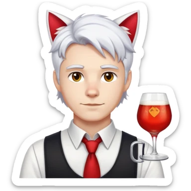 a white man in a bartender's uniform with white hair, the ends of his hair in red and white cat ears sticker