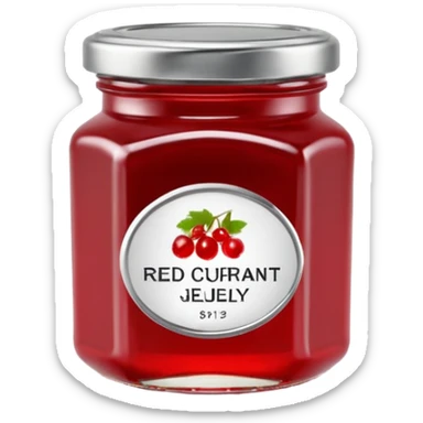small glass jar of red currant jelly, deep red smooth shiny, metal or gingham lid, minimal label no text, jelly drop on rim, 3D rendered, clean, soft shadows, natural lighting, vibrant color, transparent background, emoji scale sticker