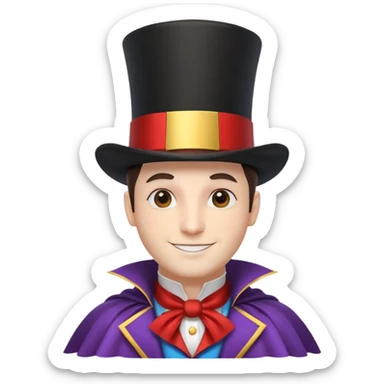 circus magician portrait, head and shoulders only, top hat, cape collar, confident smile, magical vibe, 3D cartoon, mobile game icon style, clean background, no text, no watermark
 sticker