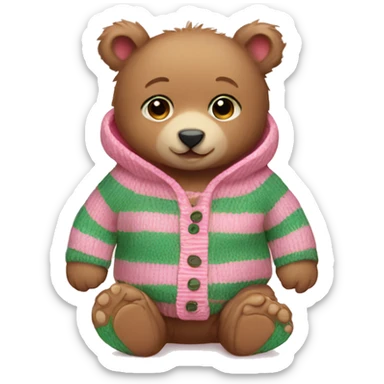 Baby bear wearing pink and green stripe sweater sticker