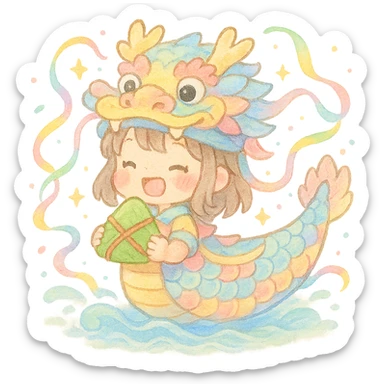 cute chibi girl dressed as a pastel dragon boat, joyfully holding a rice dumpling, surrounded by colorful ribbons, sparkles, soft waves, festive Dragon Boat Festival, kawaii, watercolor, pastel, fluffy sticker