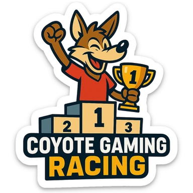 Coyote Gaming Racing logo in vibrant toon style, with a coyote character on a podium sticker