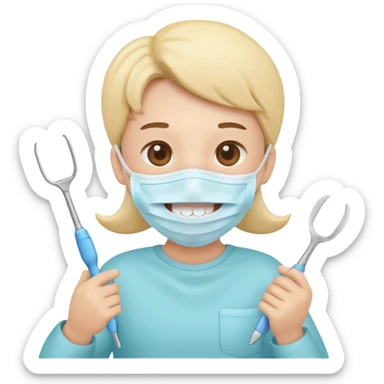 Cute tooth character wearing a face mask, holding dental tools, friendly and clean emoji style, flat illustration, simple design, white background. Diente animado no person sticker