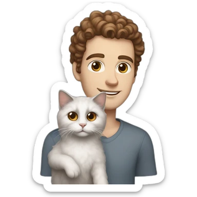 White man with brown curly hair, brown eyes, thick eyebrows, sharp jawline, bigger nose holding white and grey Ragdoll cat sticker