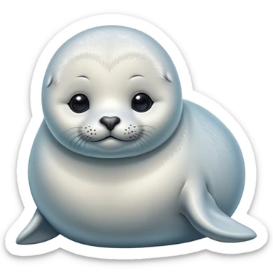 Cinematic Noble Baby Seal Portrait Emoji, Poised and endearing, with a round, plump body of soft, glistening fur, large, soulful eyes and a delicate, slightly rounded head accented by chubby cheeks, Simplified yet sharp and sophisticated features, highly detailed, glowing with a gentle, polar mist glow, high shine, intelligent and watchful, stylized with an air of arctic charm, focused and gentle, soft glowing outline, capturing the essence of a watchful and confident baby seal that appears ready to pop out of the screen with playful grace! sticker