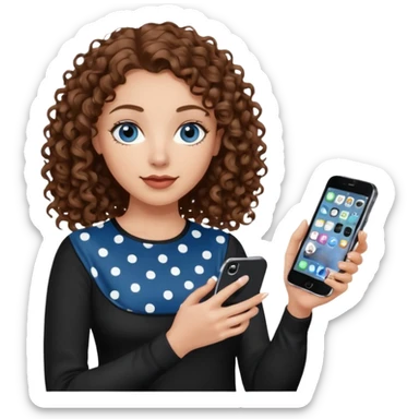 generate a pretty woman with blue eyes, light skin and medium brown curly shiny hair holding an iphone with a black and white polka dot case. she is looking at the phone and holding it in her hand. she is wearing a black long sleeve sticker