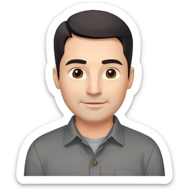 Professional-looking man in his 40s with wide square face, defined jawline, full cheeks, warm smile, medium brown eyes, prominent natural eyebrows, straight wide nose, slightly upturned lips, short fade haircut with dark almost black hair, wearing a gray button-up shirt sticker