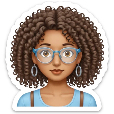 Chica morena cabello crespo con lentes transparentes y ojos cafés y blusa  de tiras color azul claro. sticker