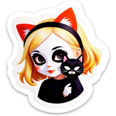 Little blonde girl with black and white cat mask sticker