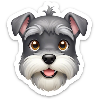 Cinematic Cute Miniature Schnauzer Portrait Emoji, Head cheerfully cocked with expressive, twinkling eyes and a neatly trimmed, adorable salt-and-pepper fur, simplified yet endearingly detailed, glowing with a bright, friendly radiance, high shine, exuding smart and spunky charm, styled with a delicate, whimsical outline, capturing the essence of a cute Miniature Schnauzer that appears ready to scamper off the screen with delightful energy! sticker