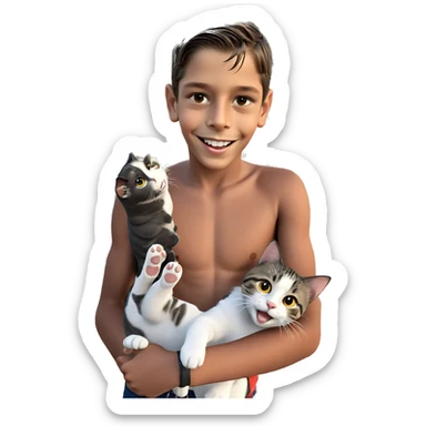 boy smiling with cat outdoors sticker