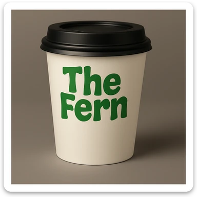 Change the letters that say 'The Fern' to green, keep the bold, playful letters and simple, eye-catching style on the to-go cup. Maintain the bold and playful letter style with a simple and eye-catching design for the text. sticker